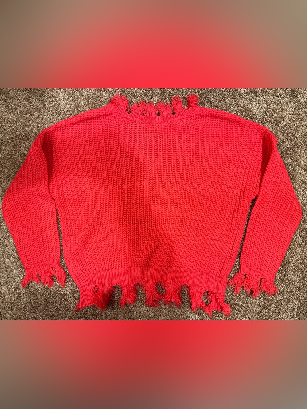 Fashion Nova Coral Fringe V-Neck Distressed Knit Sweater - Picture 3 of 3